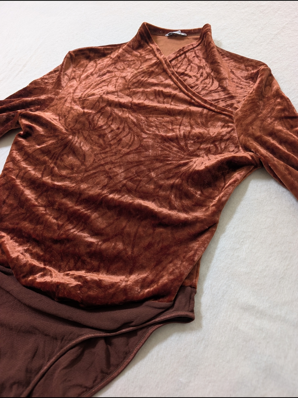 Velvet Crossover High Neck Bodysuit in Rust Brown